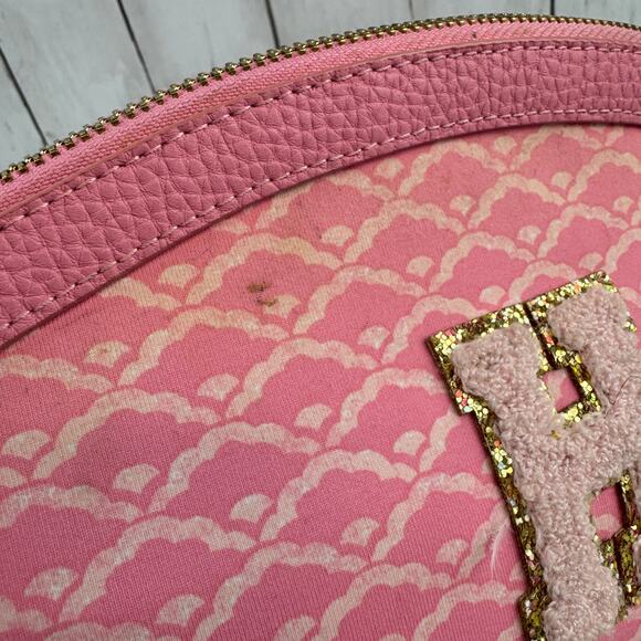 J. McLaughlin Pink Initial "H" Makeup Bag Gold Leather Zipper - Picture 6 of 14